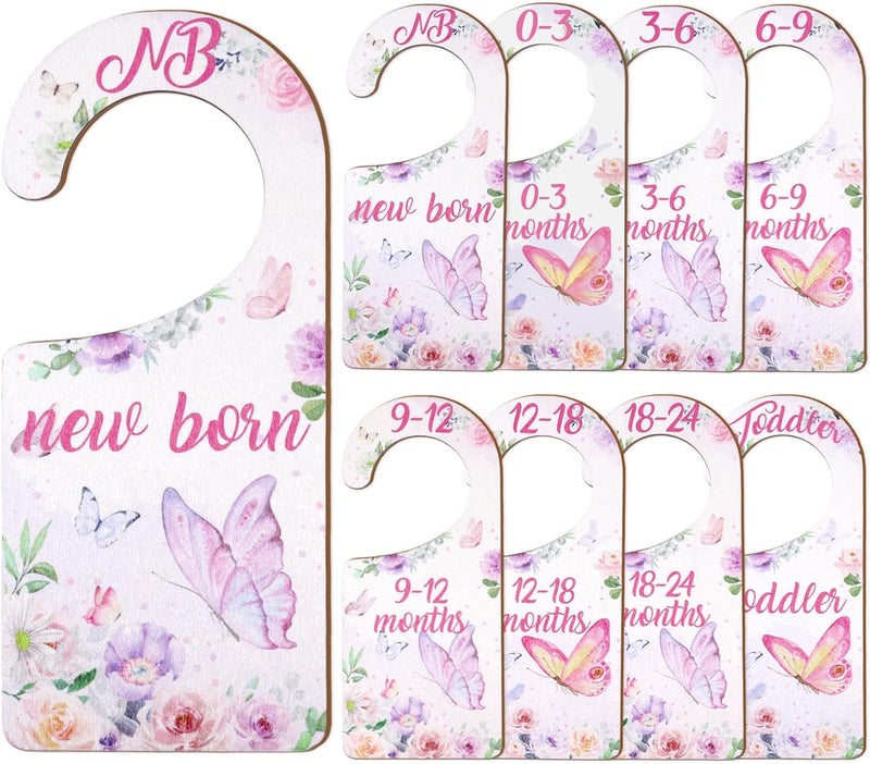 CORNER LACE Baby Closet Dividers 8PCS, Butterfly/Floral Theme Wooden Double-Sided Clothes Size Hanger Organizer from Newborn to Toddler for Nursery Decor Baby Shower Birthday Gift - Image 1